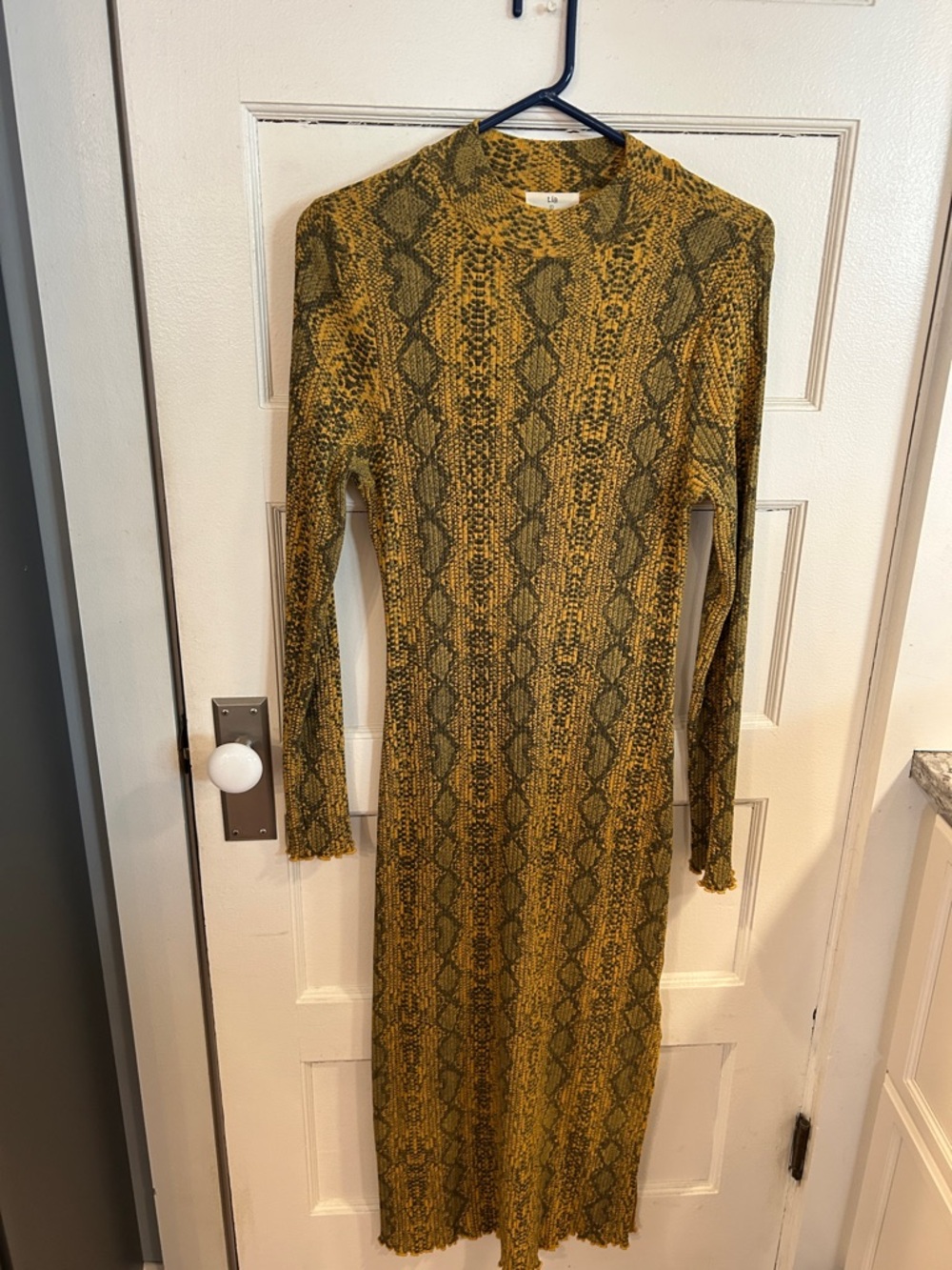 Anthropologie T. La Mustard Snake-Print Long Sleeve Midi Dress